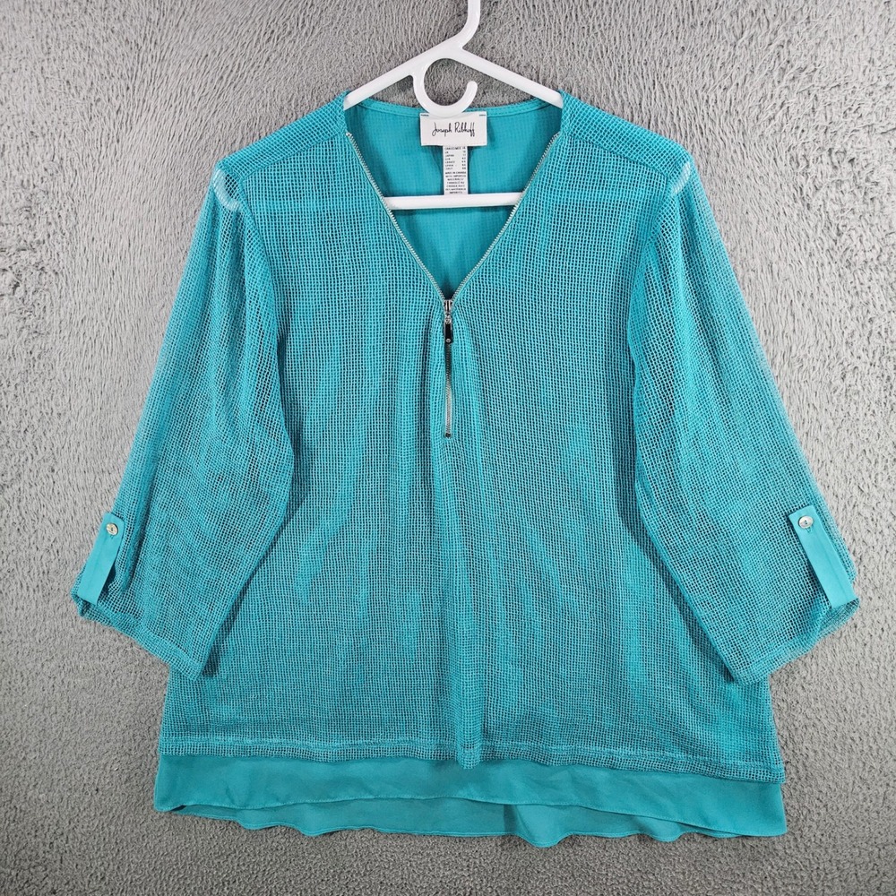 Joseph Ribkoff Womens Teal Blue Mesh Zip V-Neck 3/4 Sleeve Blouse Top Size‎ 14